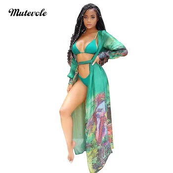 

Mutevole Women Chiffon Summer Beach Coat with Belt Cover Up Bohemian Long Sleeve Open Front Trench Floral Print Loose Thin Top