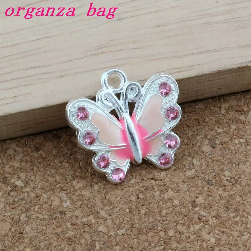 

Pink Rhinestone Enamel Butterfly Charm Pendants 50Pcs/lot alloy Fashion Jewelry DIY Fit Bracelets Necklace Earrings 22x20.5mm A-