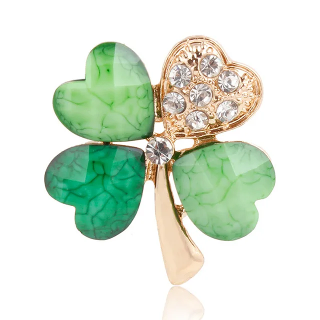 Green Four Leaf Clover and Rhinestones Lapel Pins or Brooches for Women