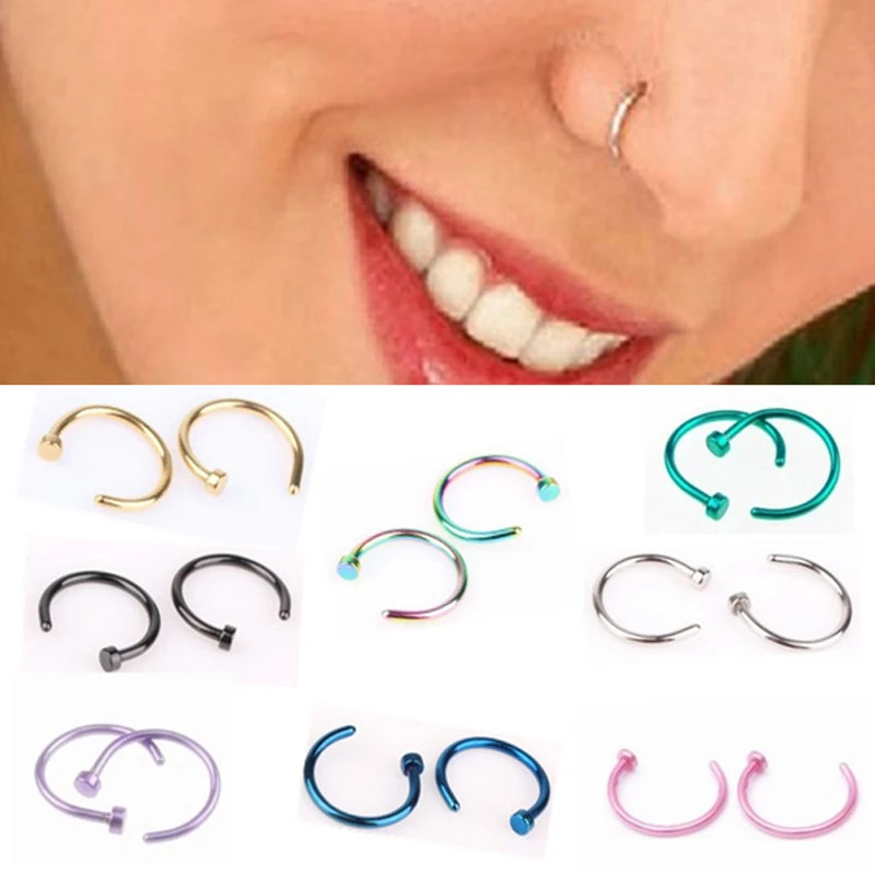 

Hot Sale 10pcs Medical Titanium Silver Hoop Nose Rings Clip on Ear Lip Navel Body Piercing Fake Percing Jewelry Women Pircings