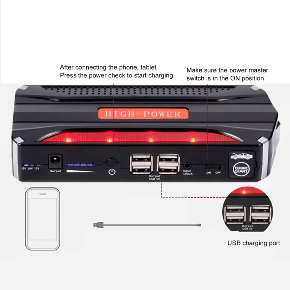 

12V 68800mAh Multi Function Jump Starter Portable 4 USB Car Power Supply Rechargeable Power Bank High Power Battery Accessory