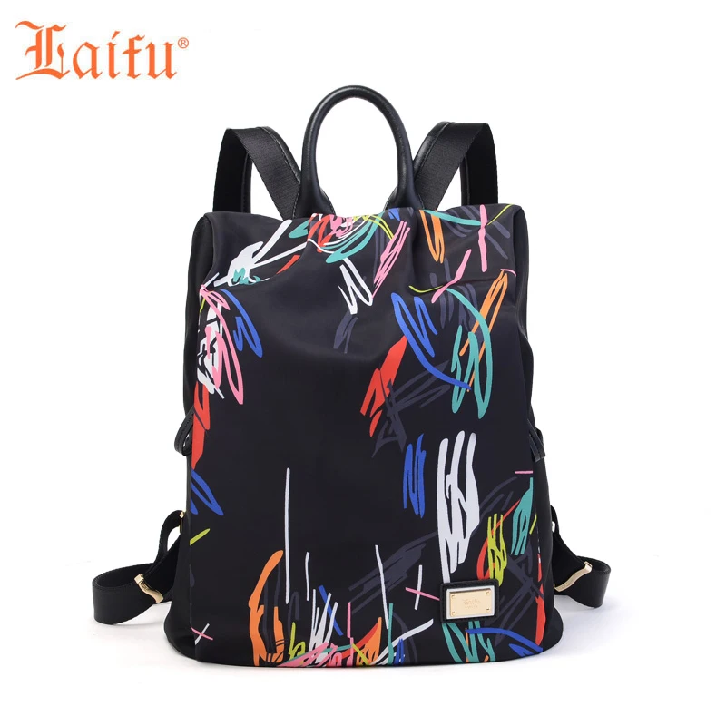 Laifu Women s Backpack Fashion Geometric Graffiti Design Nylon Waterproof School Bag for Girls Weekend Bag