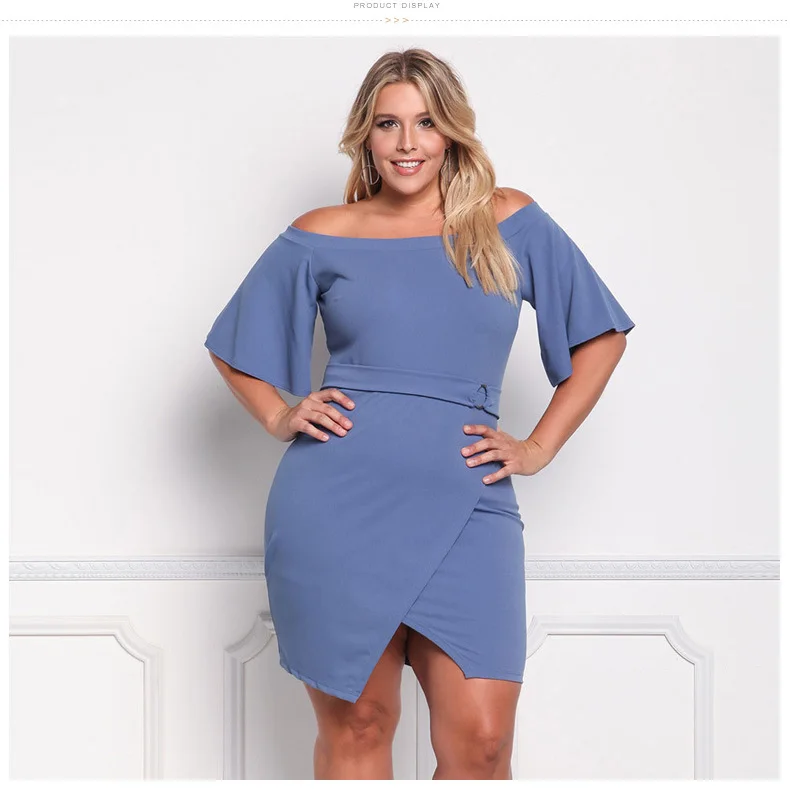TOTNWANG 2017 Women Plus Size Off Shoulder Flare Sleeve Party Dress Sexy Split Irregular Dress Bodycon Big Size Pencil Dress WT85