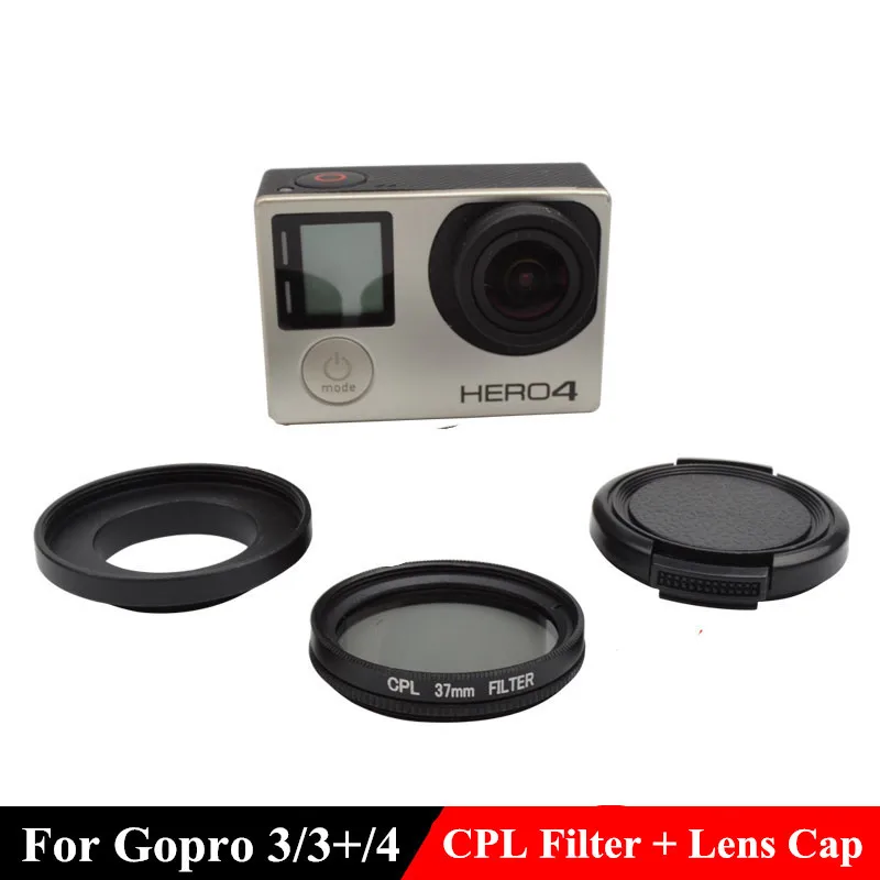 GoPro Hero équipée du filtre polariseur CIR-PL 37mm, fixée à un support, avec un fond flou de paysage.