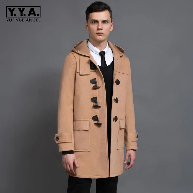 Preppy Style Mens Fashion Claw Button Mid Long Coat Woolen Blends Hoody