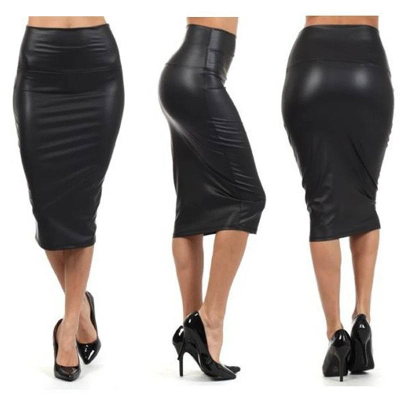 

CUHAKCI Sexy Skirt High Waist PU Leather Skirt Pencil Bottom Women Vintage Bodycon Clubwear Long Back Split Navy Black Skirt