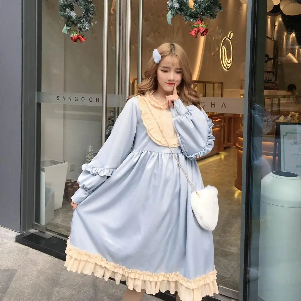 Light blue Японское милое мягкое платье лолиты для девочек, маленькое черное платье для женщин, весна, новое повседневное милое платье принцессы - Цвет: Light blue