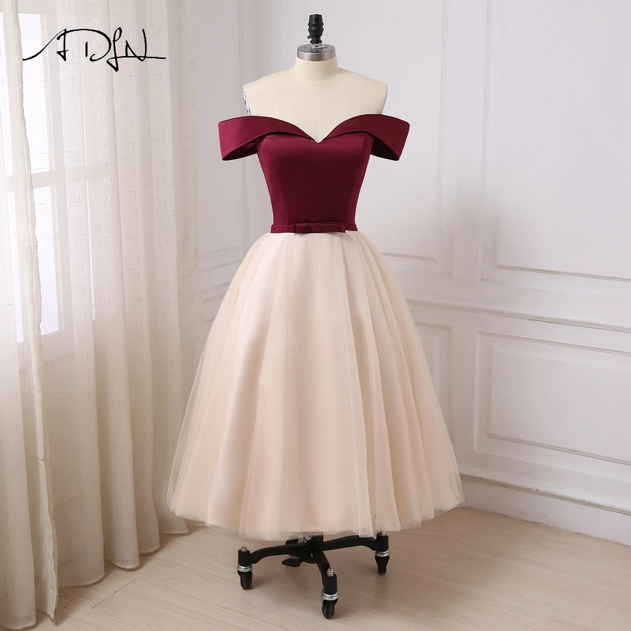 

ADLN New Custom Evening Dress Off the Shoulder Tea-Length A-line Formal Party Gowns Contrast Color Prom Dresses Real Photo