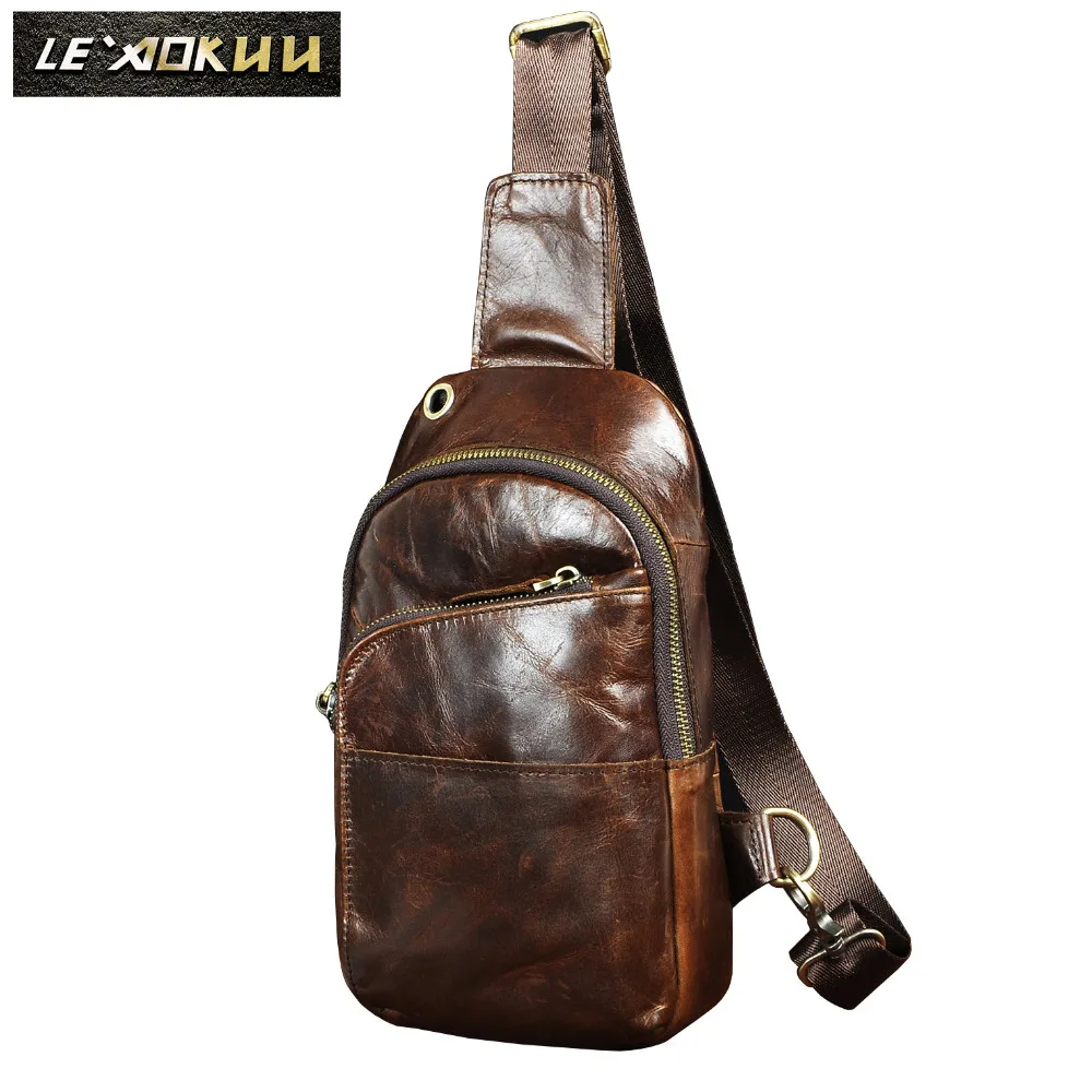 

Men Original Leather Casual Triangle Chest Sling Bag 8" Tablet Design One Shoulder Bag Fashion Crossbody Bag Daypack Male 8010c