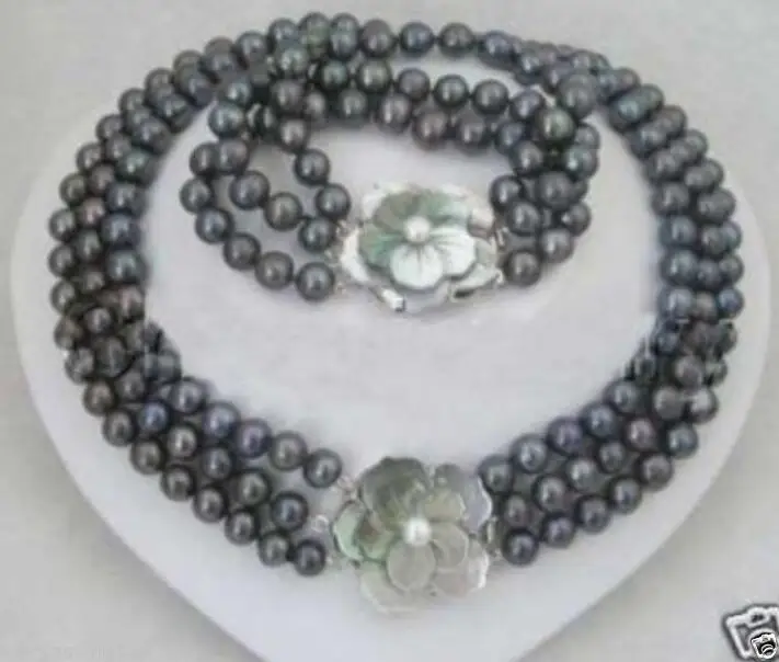 

Hot selling free shipping*****NEW Noblest 3 row 7-8MM black pearl necklace bracelet set 17-19"7.5" AAA+