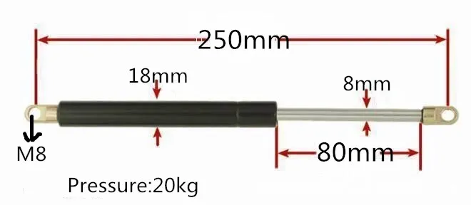 

250mm Central Distance 80mm Stroke Auto Gas Spring 20KG Force Ball Joint Lift Strut Automotive Gas Spring M8