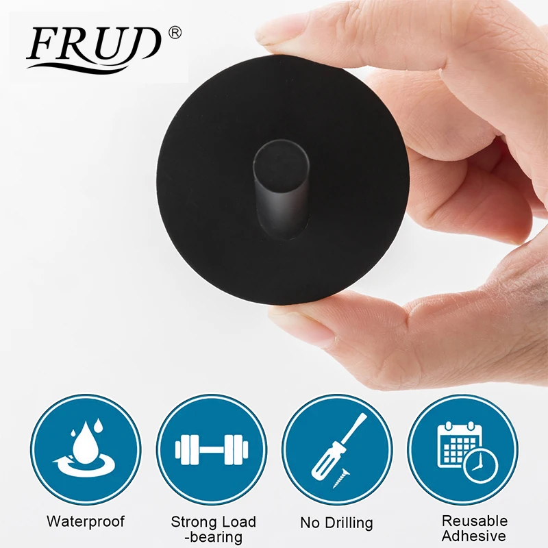 FRUD Modern Round Viscose Hooks Stainless Steel Towel Robe Holder Wall Mounted Black Robe Hanger Bath Hardware 4pcs