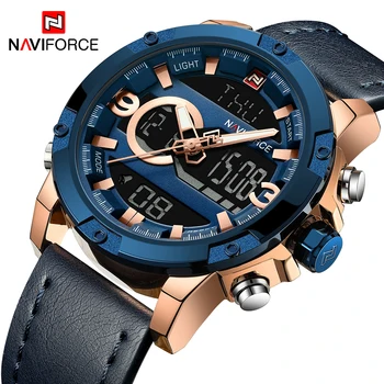 

NAVIFORCE Mens Quartz Watch Fashion Casual Sport Wristwatch Dual Time LED Analog-Digital Watches Men Leather Relogio Masculino