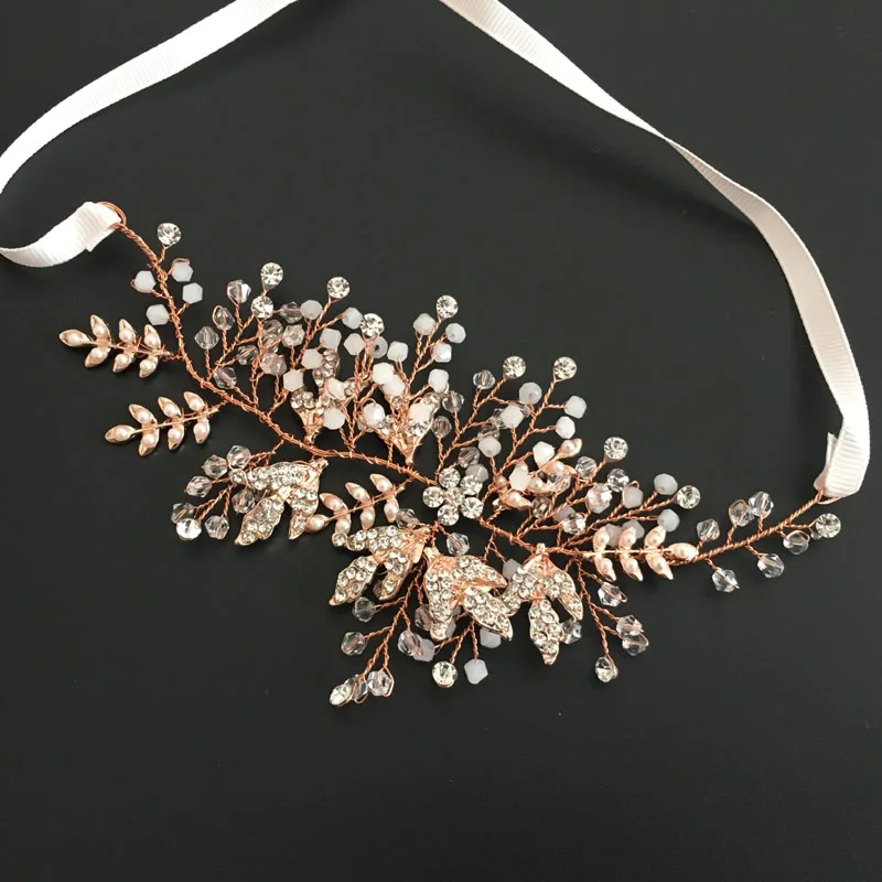 Floralbride Rose Gold Color Rhinestones Crystals Pearls Flower Wedding Headband Bridal Hair Vine Hair Accessories Women