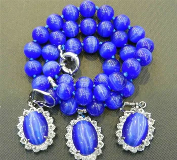 

women jewelry gem Blue Mexican Opal Round Beads Gems Pendant Necklace Earring Set 18" hook..wholesale
