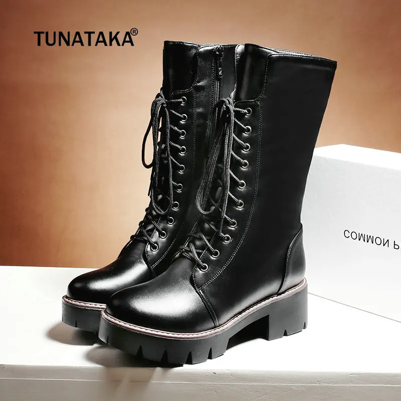 

Women's Winter Warm Boots Fashion Platform Zipper Mid Calf Boots Thick Heels Lace Up Pu Leather Woman Shoes Plus Size 2018 New