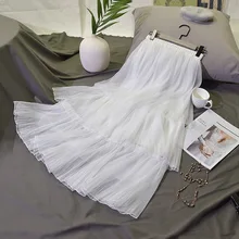 Гофрированный С Сеткой юбка гофрированный многослойный Ruched Белый Faldas Женская длинная юбка школьная Милая Эластичная Высокая Талия Вечерние черные Saias