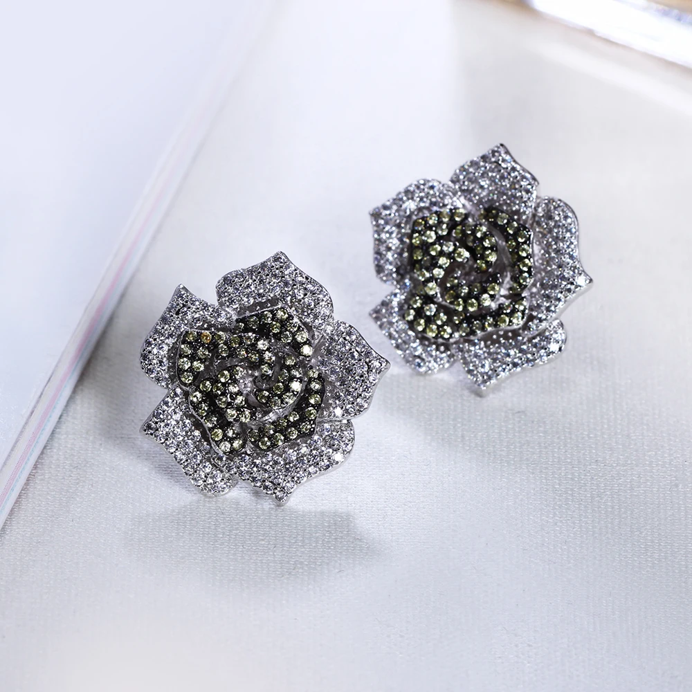Beautiful large stud earring Pave Green Siam Olivine crystal color stones Rhodium plate jewelry women big rose flower earrings