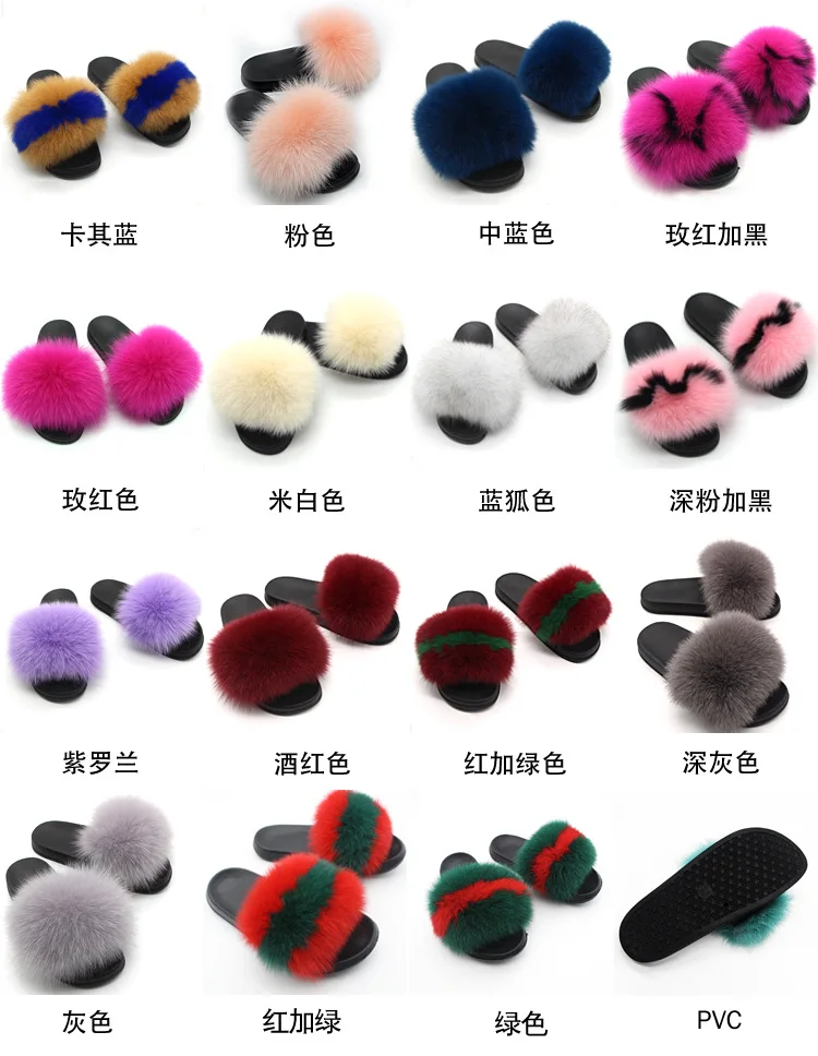 

New Summer Women Cute real Fox Fur Slippers Real Fur Slides Beach Sandals Sweet Ladies Shoes Large Size 45 Hot Sale Home Fluffy