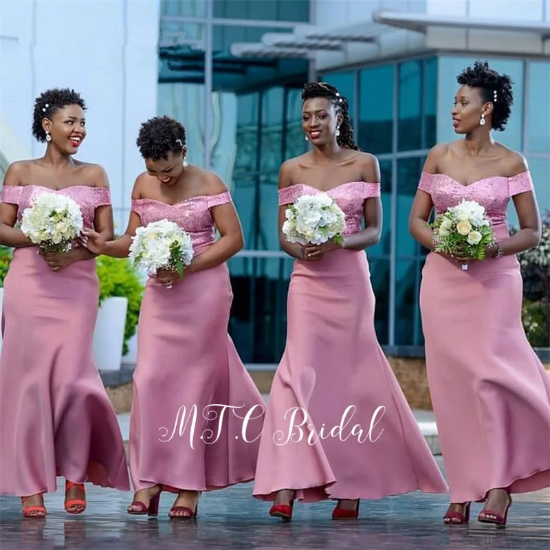 

Dusty Pink Bridesmaid Dresses 2019 New Sequins Top Off The Shoulder Mermaid Ankle Length African Maid Of Honor Dress Custom Made