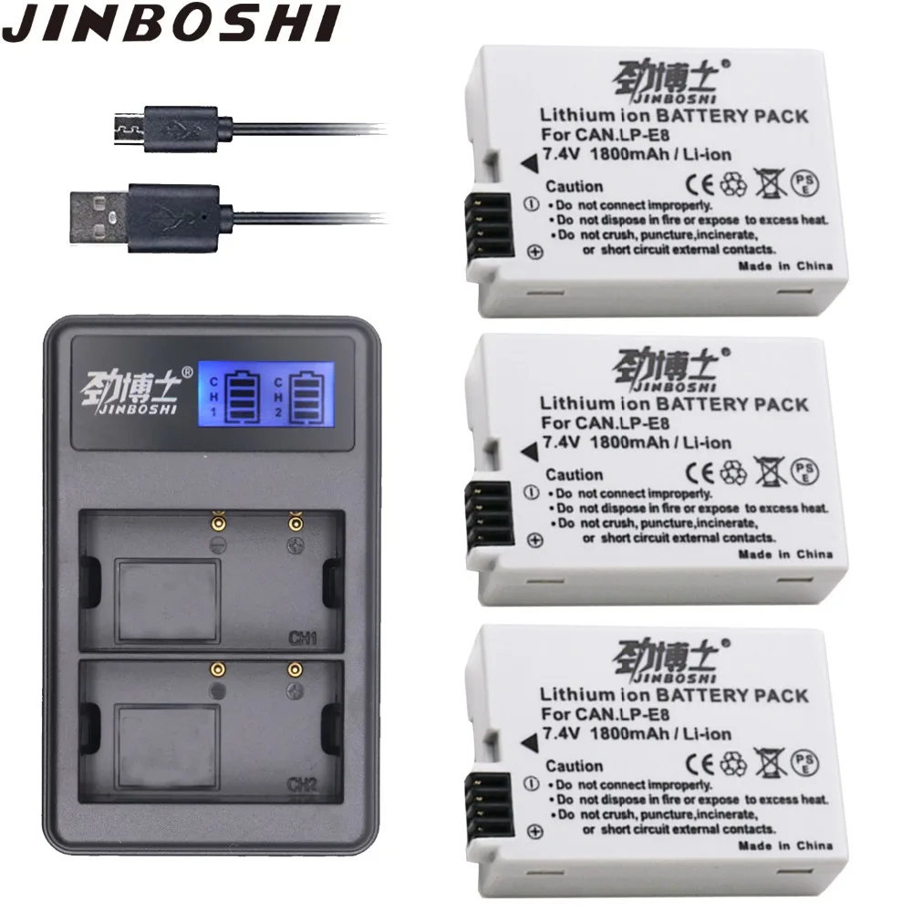 

3Pcs LP-E8 LP E8 LPE8 1800mAh camera Li-ion Battery + LCD Dual Charger For Canon EOS 550D 600D 650D 700D Rebel T2i T3i T4i T5i
