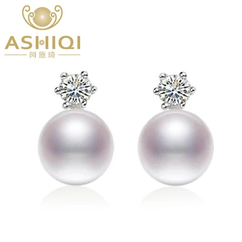 

ASHIQI Authentic 925 Sterling Silver Earring 8-9mm Natural Freshwater Pearl stud earrings For Women Classic Anniversary Gift