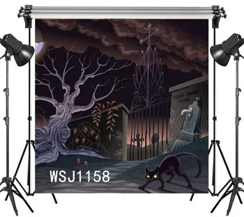 

LB Polyester & Vinyl Halloween Cemetery Dead Tree Black Cat Backdrops Background For Photography Studio Backdrop Photo Props