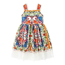 Весенне-летнее платье для девочек, платье трапециевидной формы без рукавов на тонких бретелях с бантом, дизайнерский мини-сарафан с принтом, повседневный пляжный Сарафан