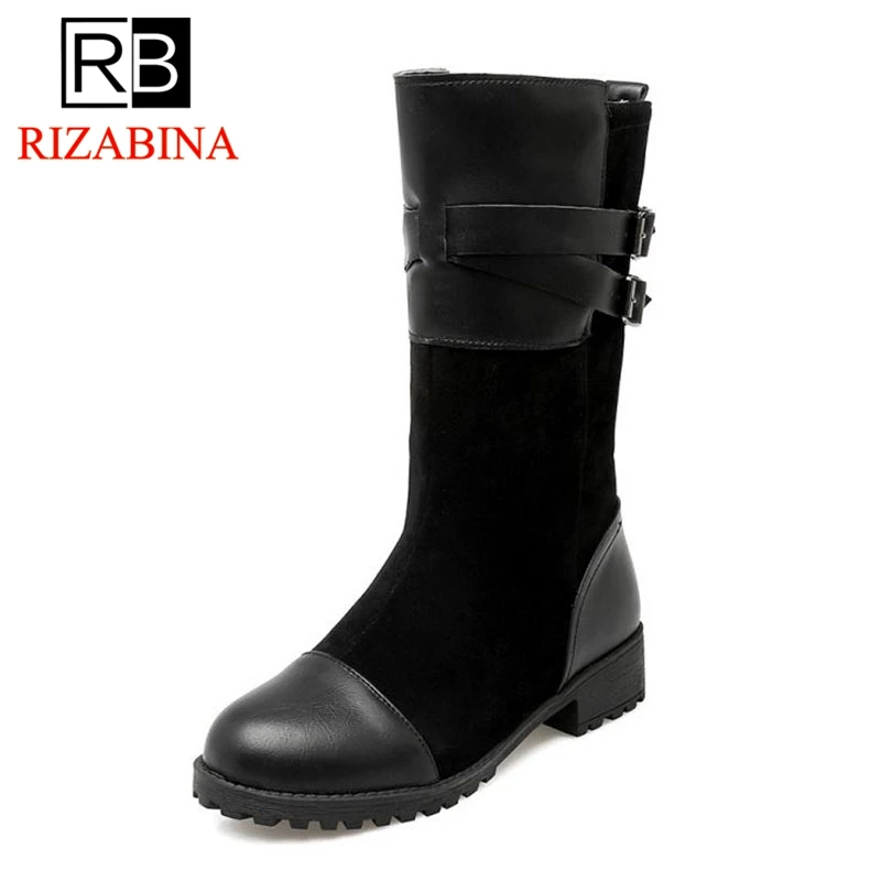 

RizaBina Fashion Women Patchwork Mid Calf Boots Buckle Round Toe Low Heels Shoes Comfort Walking Women Footwear Size 34-42