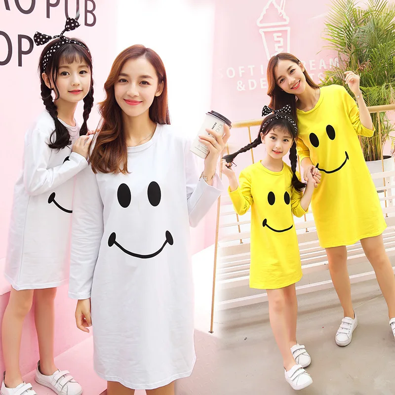 Mummy Daughter Dresses Smile Face Cartoon Print Mom and Me Clothes Baby Girls Clothing Family Matching Outfits Mother & kids (9)