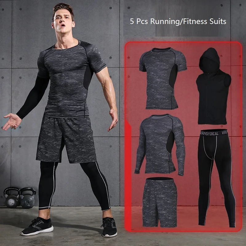 

Vansydical Men's Compression Sports Suits Fitness Gym Tights Quick Dry Soccer Training Kits 5 Pcs Workout Jogging Sets