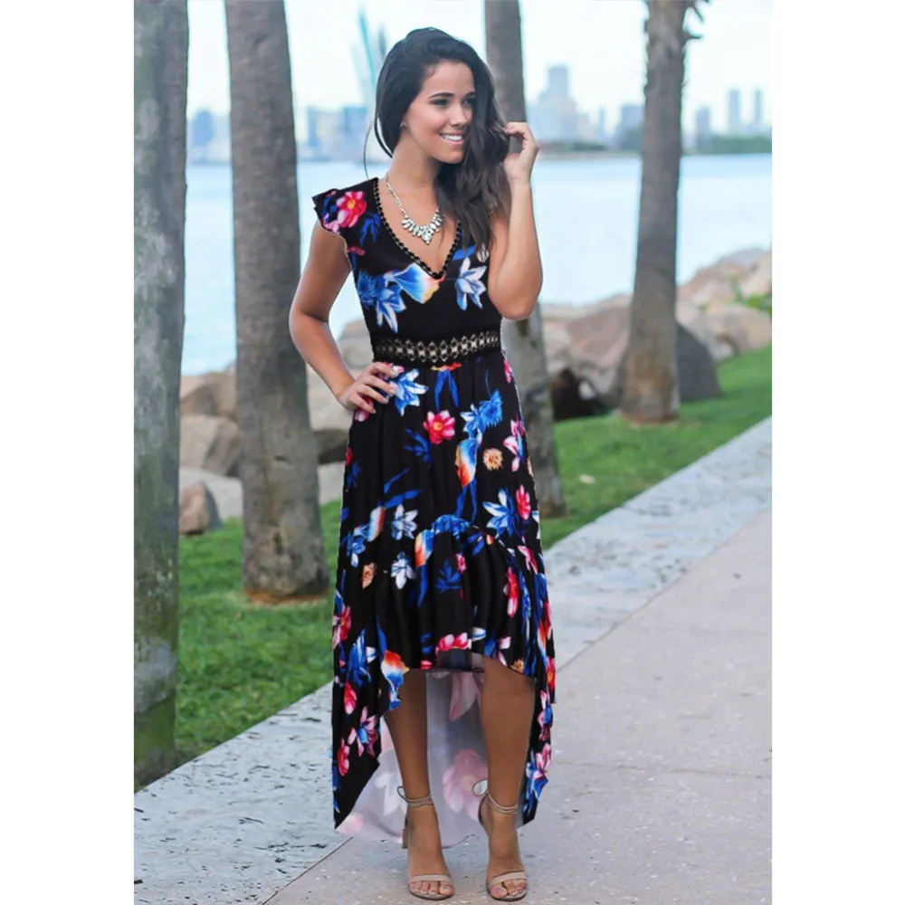 

JSMY 2019 New Summer Fashion Women Petal Sleeve Lace Stitching V-neck Print Swallowtail Dress