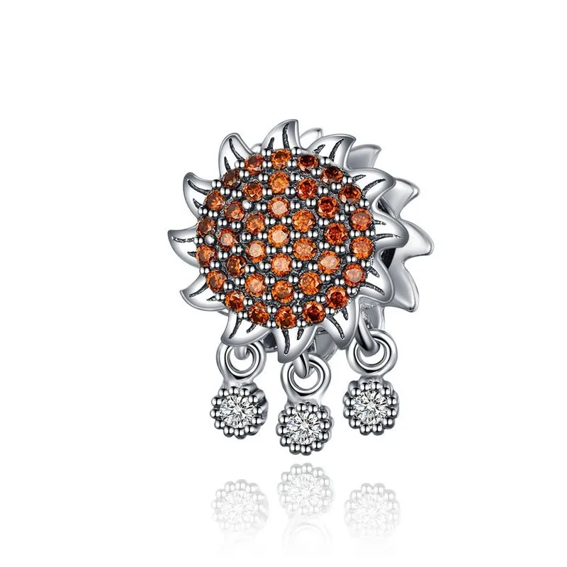 

Sunflower Charm Authentic 925 Sterling Silver Red Cz Paved Flower Round Beads Fit Pandora Snake Bracelet Necklace Scc1190