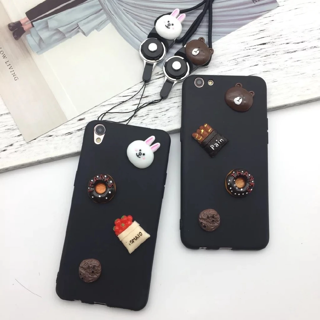Axbety Kawaii DIY Cartoon Case For Samsung Galaxy A6 Plus S8 2018 S6 S7 S8 S9Plus Bunny Cony Bear Brown Soft Cover with Lanyard