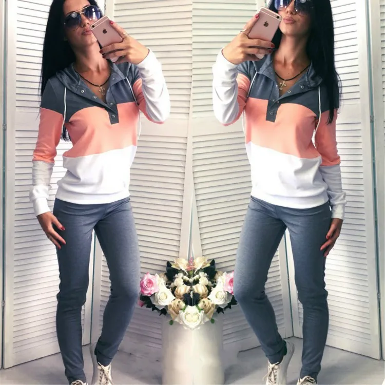

cute autumn color block 2 sets woman long sleeve turtleneck elastic waist full pants female two sport sets