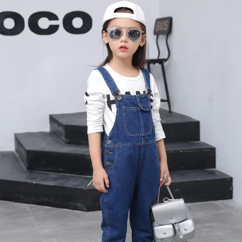 Новые осенние детские джинсы в Корейском стиле для девочек, ковбойские комбинезоны, джинсовые штаны синего и черного цвета