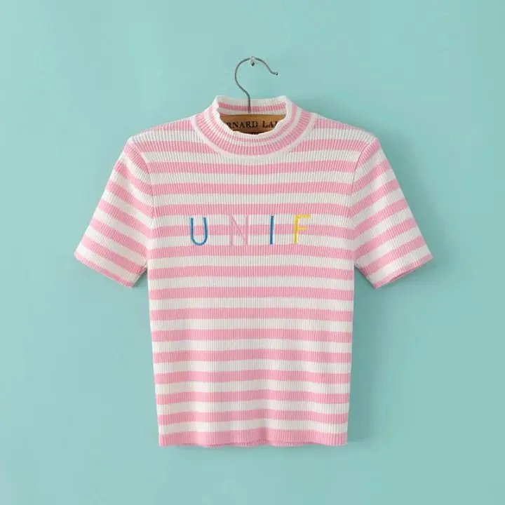 Runway UNIF Sweater Women Turtleneck Striped Letter Pull Femme Short Sleeve Knitted Sweaters and Pullovers Sueter Mujer