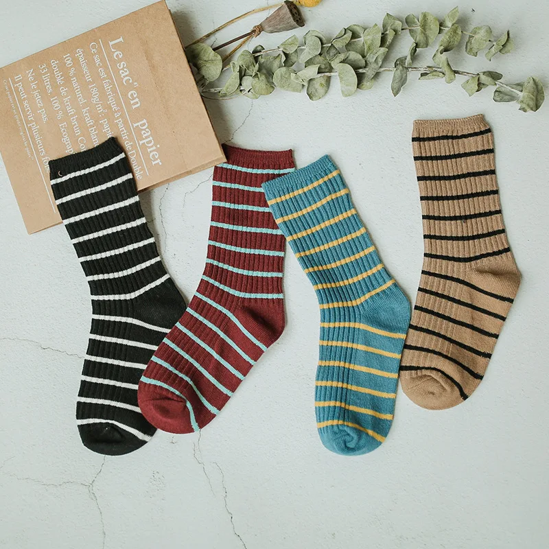 

6947Y Children's socks autumn winter tide brand pure cotton English style two-color pinstripe socks double needle children