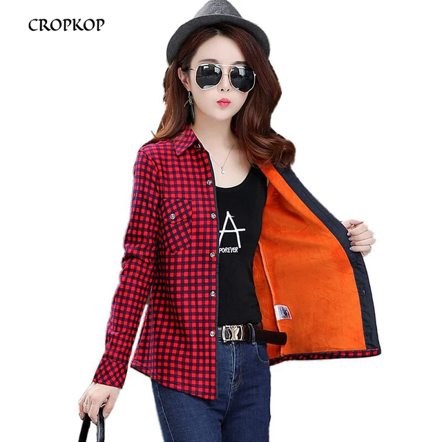 US $11.62 Winter Thick Warm Velvet Plaid Shirt flannel Women Blouse 2020 Fashion Turn-down Collar Long Sleeve