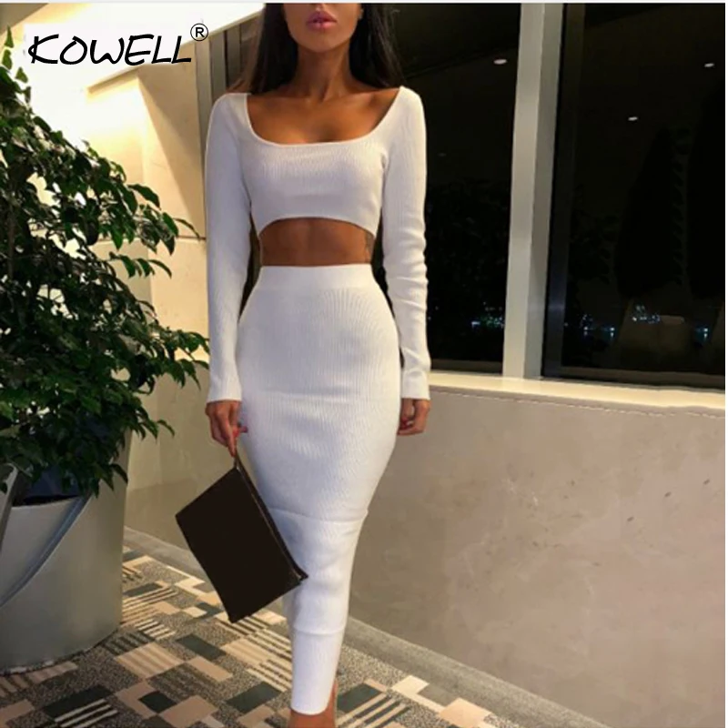 

New Style Ribbed Long Sleeve Sexy Two Piece Set Dress Square Collar High Waist Casual Bodycon Dress Solid Club Party Dress Women