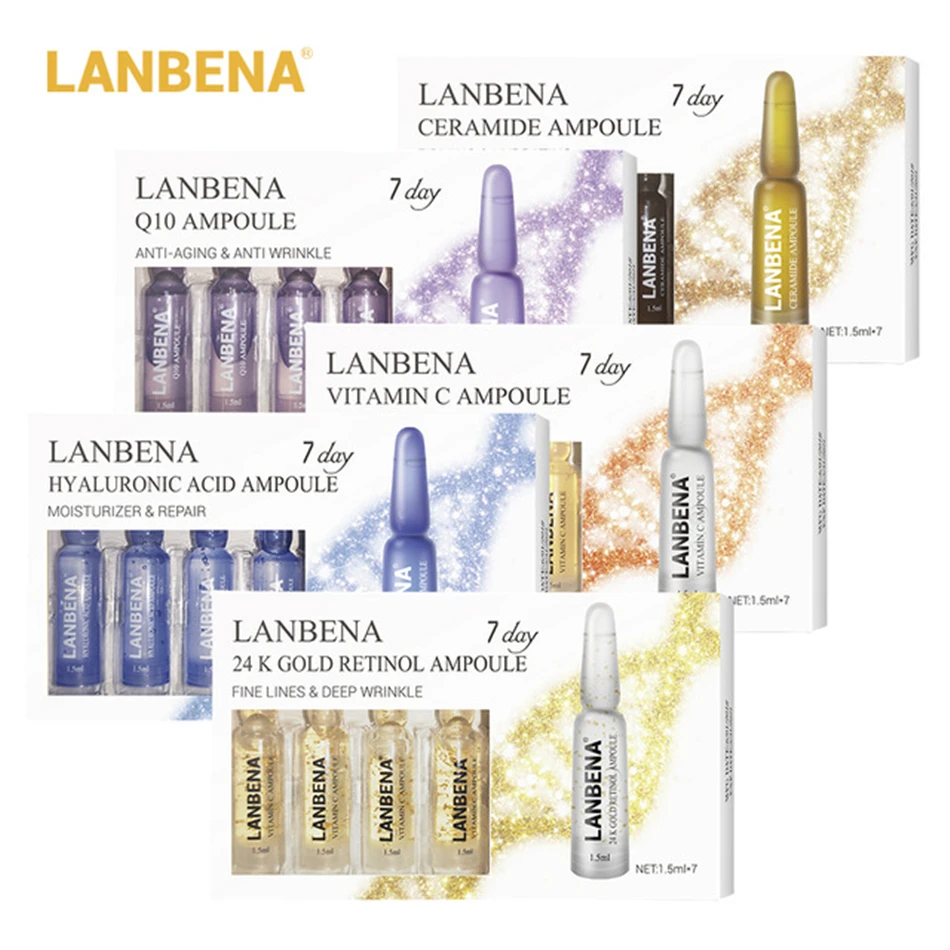 5 коробок/35 шт. LANBENA ампулы Сыворотки Гиалуроновая кислота + витамин C 24K Gold ретинол