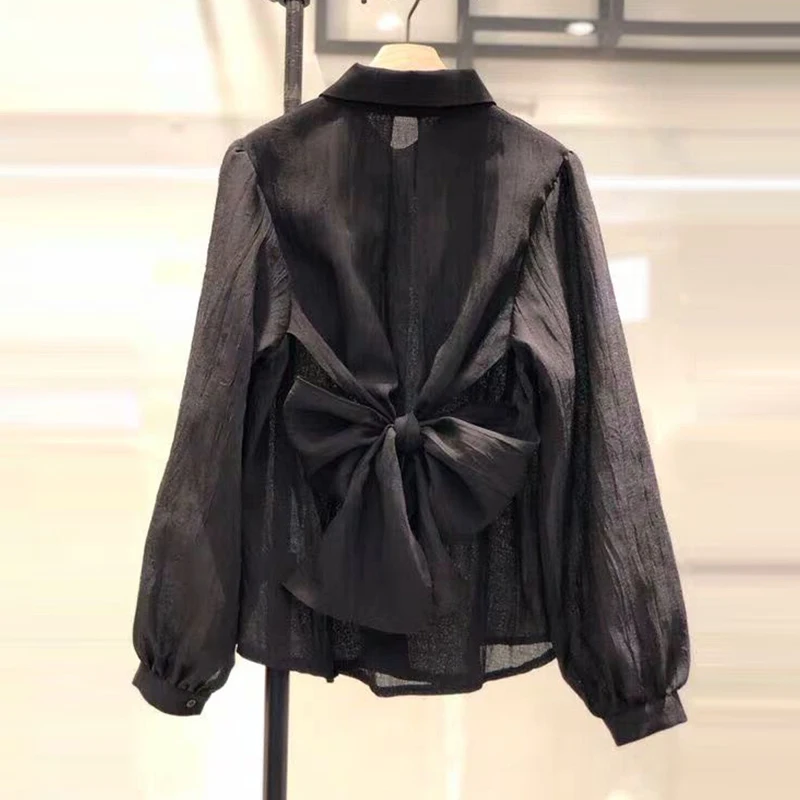 

[EWQ] 2019 Autumn New Pattern Office Lady Style Full Sleeve Solid Color Bank Bow Decoration Loose Casual Lapel Collar ShirtAF797