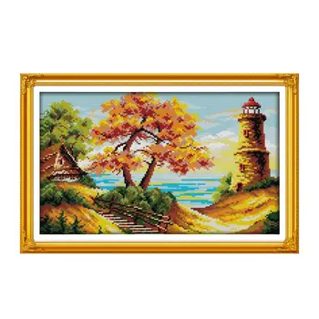 

Cross stitch kit handmade 11CT 14CT printed embroidered cloth seaside beautiful autumn landscape lighthouse ornament painting