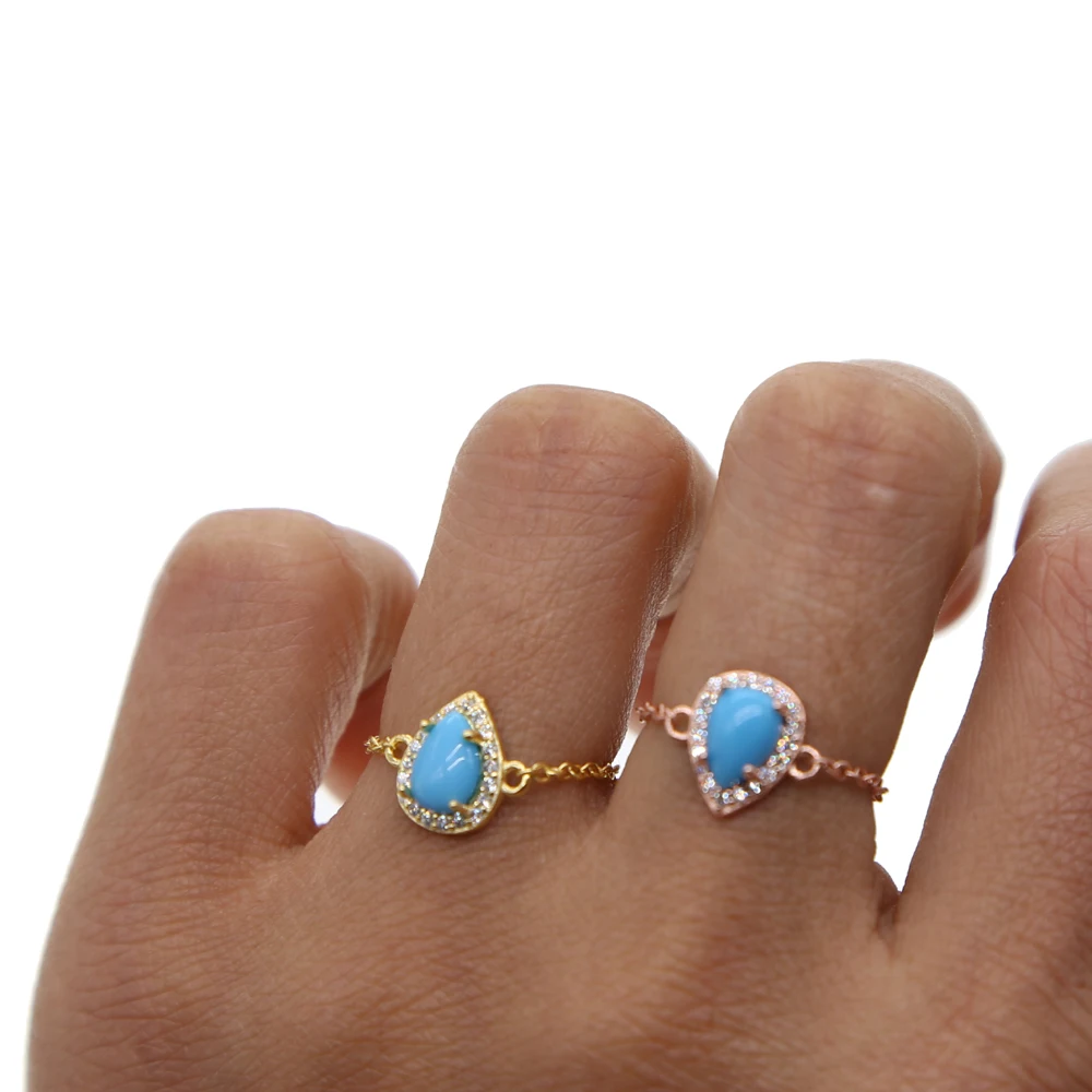 

pure 925 sterling silver jewelry tear drop turquoises Gem charm delicate minimal chain 3 colors adjust chain ring