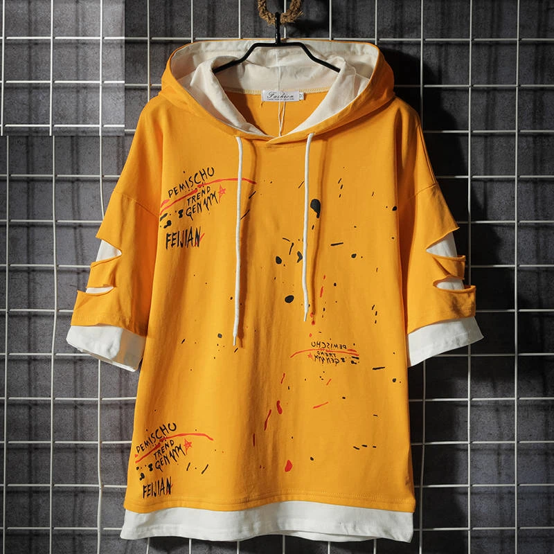 

Hip Hop Hooded T-shirts Men Women Korean Harajuku Oversized Tops Tee Shirts Fashion Hole T Shirt Casual High Street T Shirts Boy
