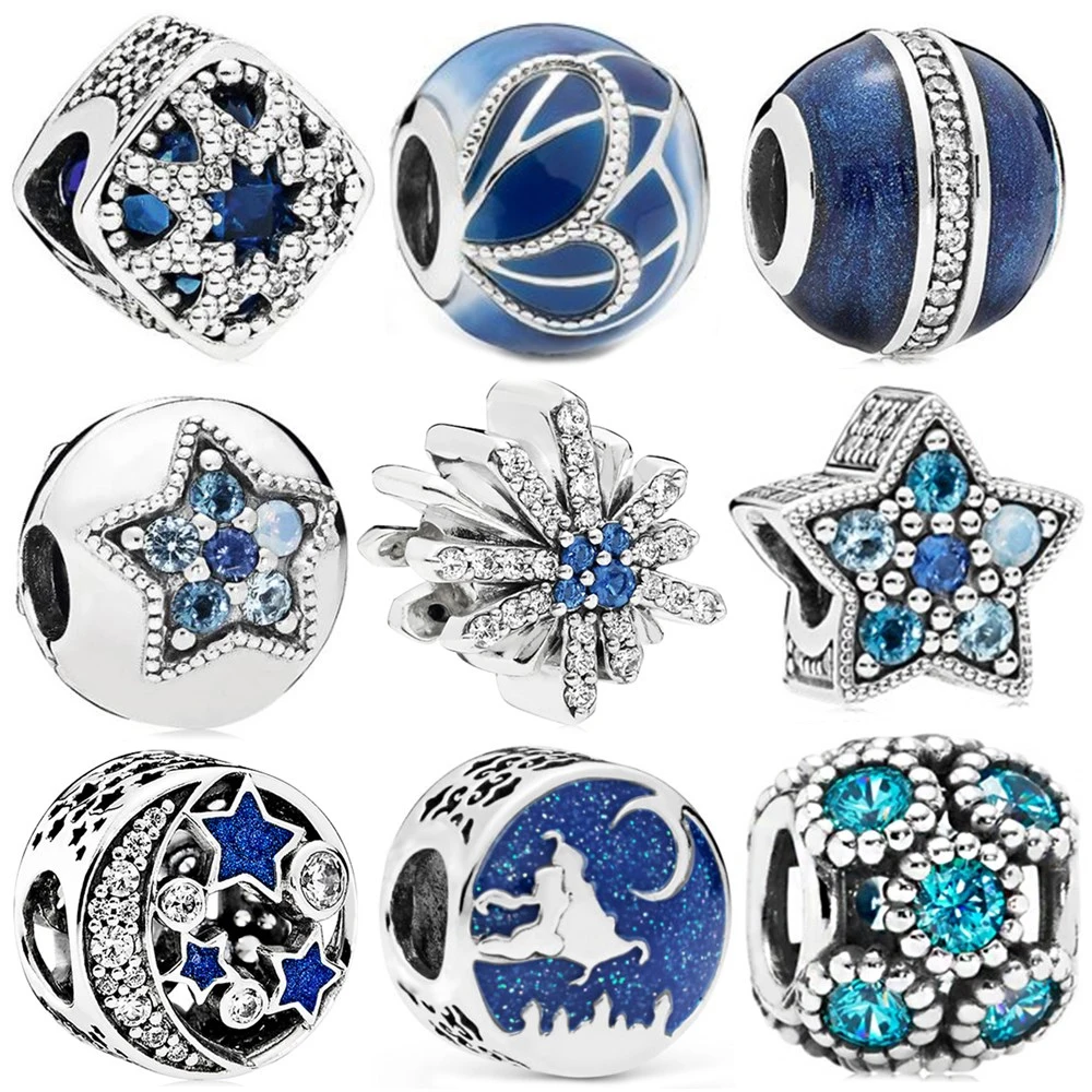 

925 Silver Blue Style Star Christmas Butterfly Moon Snowflake Bead Fit Original Pandora Bead Bracelet Women Charm DIY Jewelry