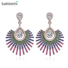 LUOTEEMI 3 Colors Trendy Fashion Shiny Full Multi Zircon Micro Paved Vintage Pendant Drop Earrings For Women Christmas Brincos