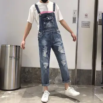 

M-XXL 2018 summer loose supenders pants men's denim hole pants Korean version of the trend of casual denim Harem pants