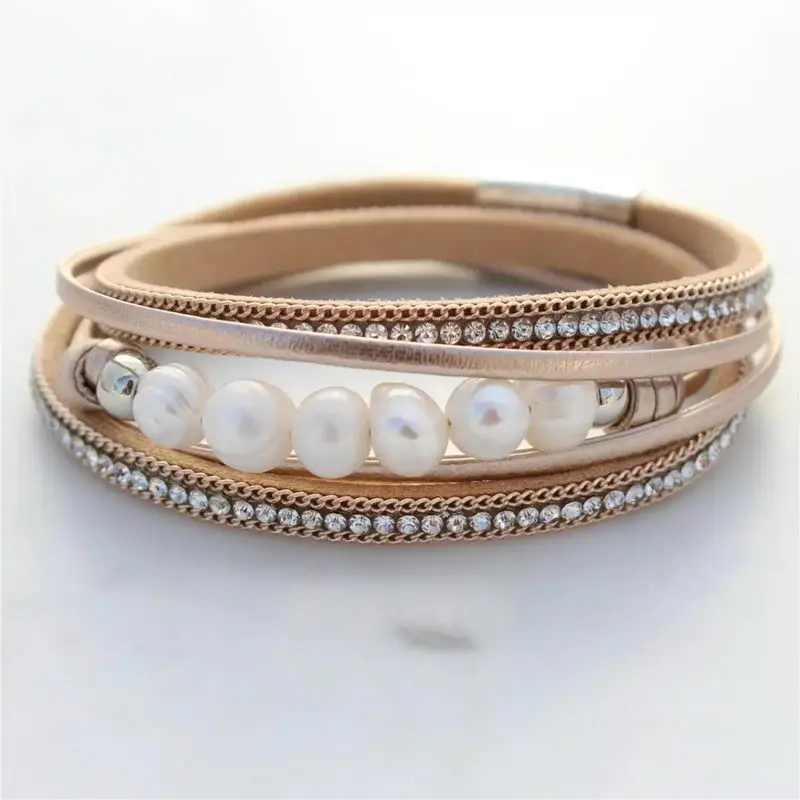 

2019 Magnet Clasp Faux Baroque Pearl PU Leather Wrap Bracelets Bangles for Women Fashion Multi Layered Rhinestone Bracelets