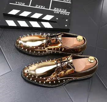 

Dress shoes men lace up genuine patent leather gold smart casual shoes pointed toes rivets new arrival flats summer moccasins